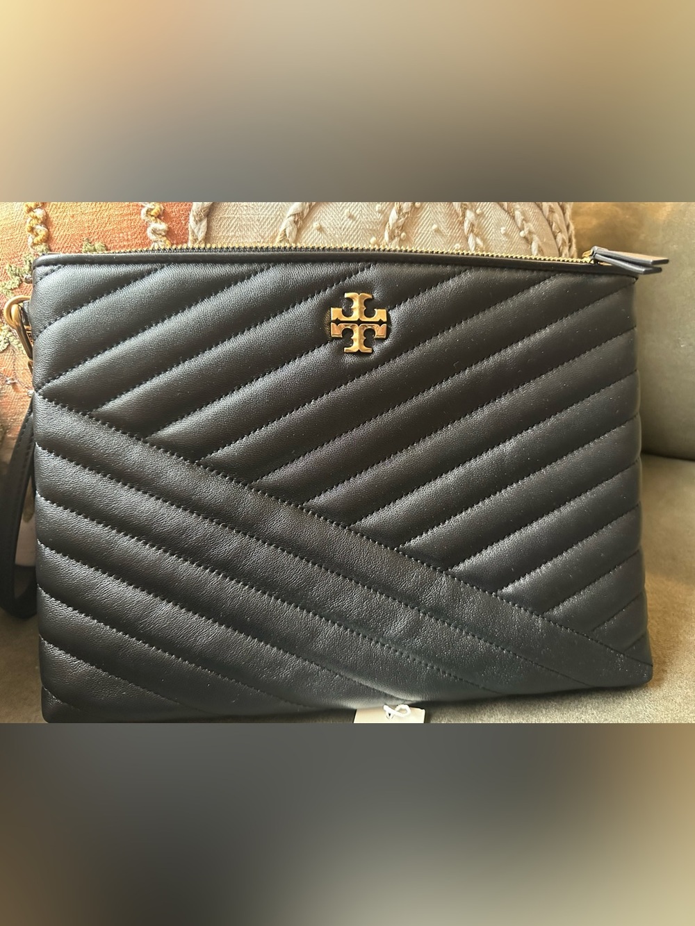 Tory Burch Black Quilted Leather Wristlet with Gold Logo Accent